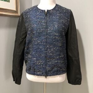 EUC Madewell Blue Tweed Black Leather Crew Neck Bomber Jacket Size Medium